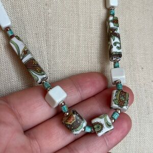 Vintage ceramic ivory paisley turquoise floral gold beaded jewelry necklace